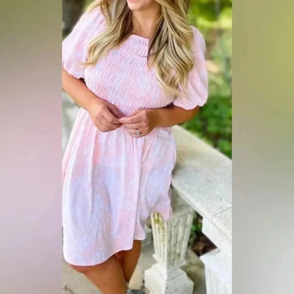 Lularoe Floral XL Alina Nap Babydoll Dress Bubble Sleeves Pink White NWT